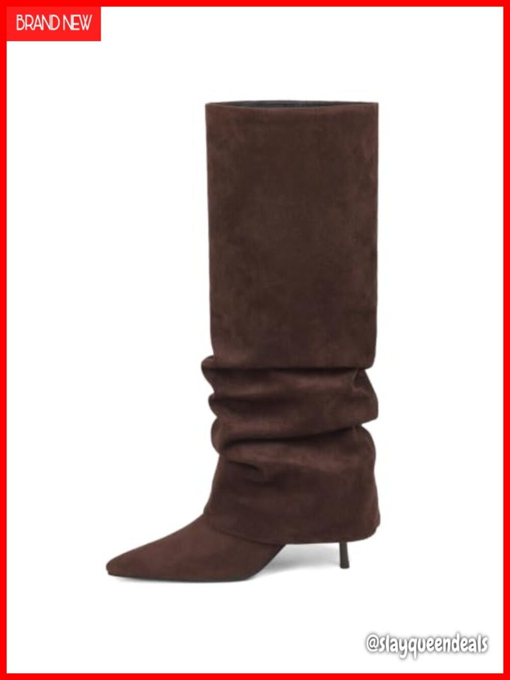 Wide Calf Knee High Boots Faux Suede Fold Over Slouch Pointed Toe Hidden Zip